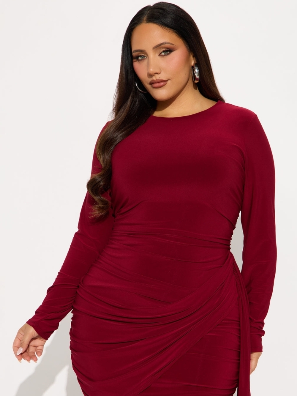 Fashion Nova Stella Ruched Long Sleeve Mini Dress - Burgundy (1X) (NWOT) - Picture 5 of 10